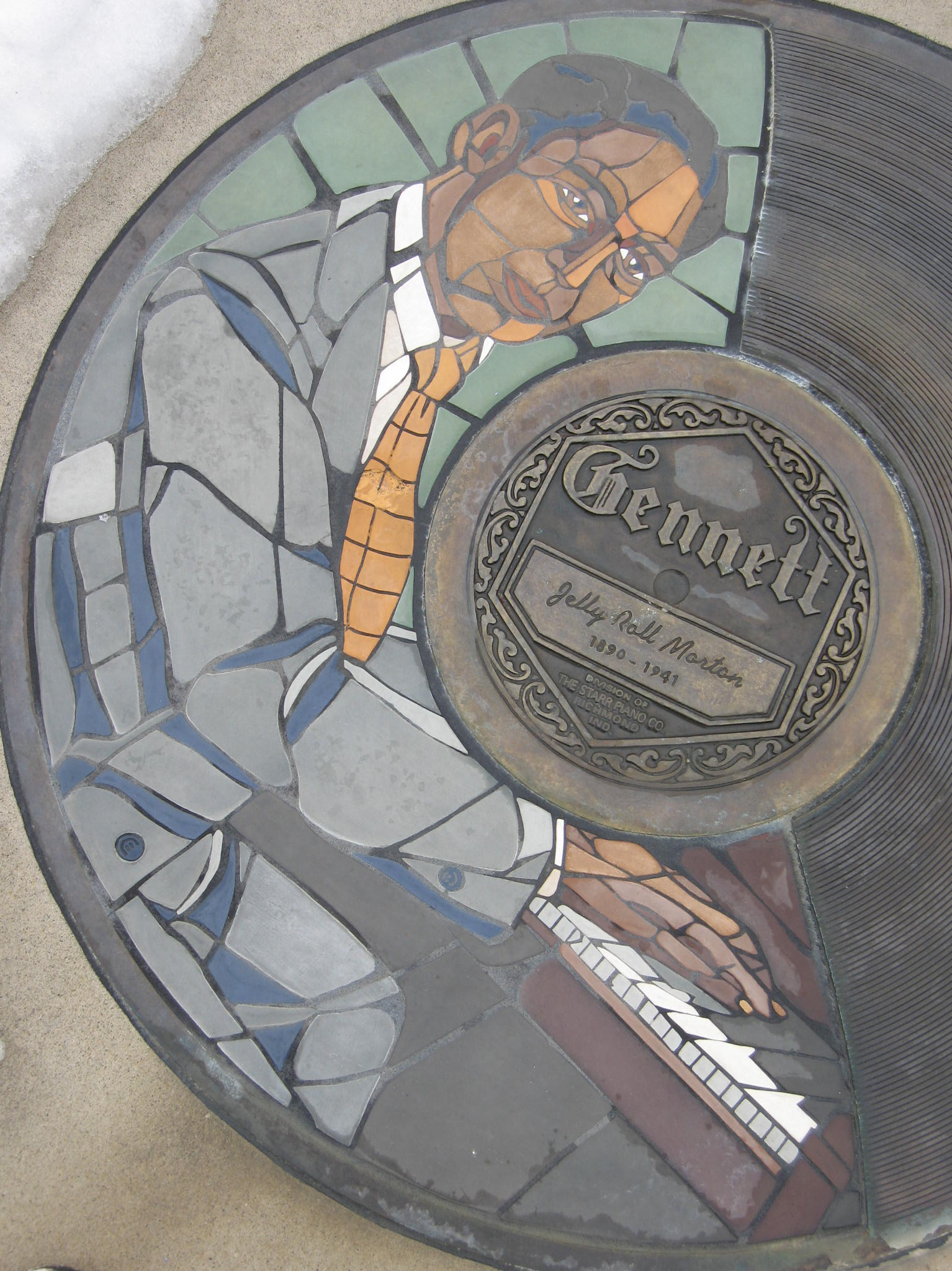 close-up of Jelly Roll Morton's plaque on the Gennett walk of fame.
